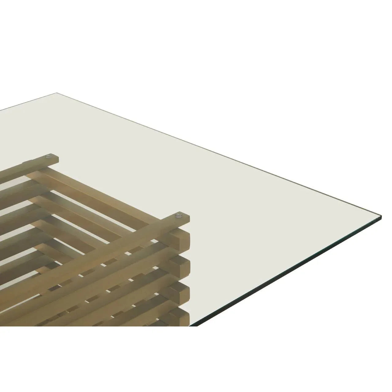 Glass coffee table with wood slat base, corner view highlighting clear tabletop