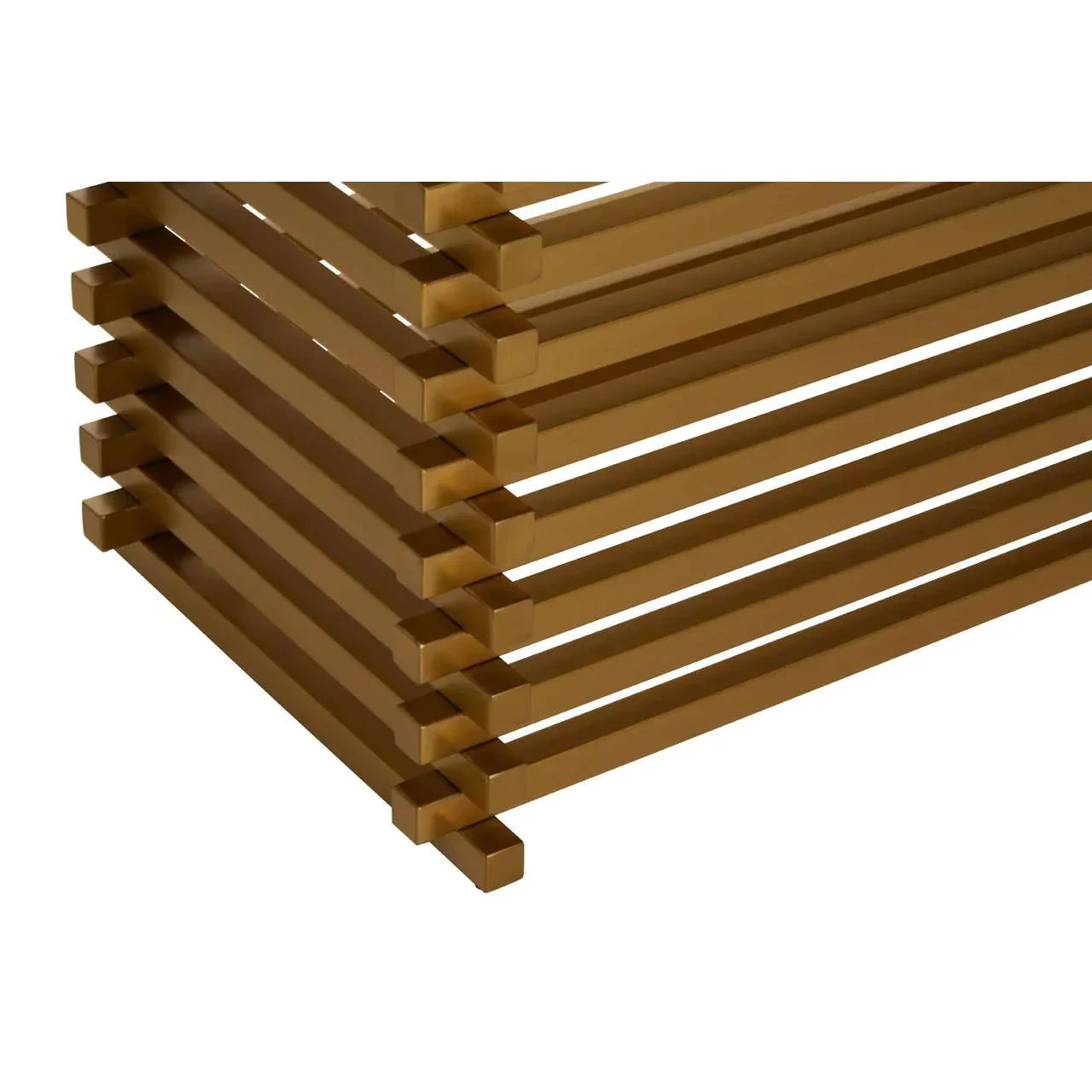 Closeup of gold metal coffee table frame with stacked bar design
