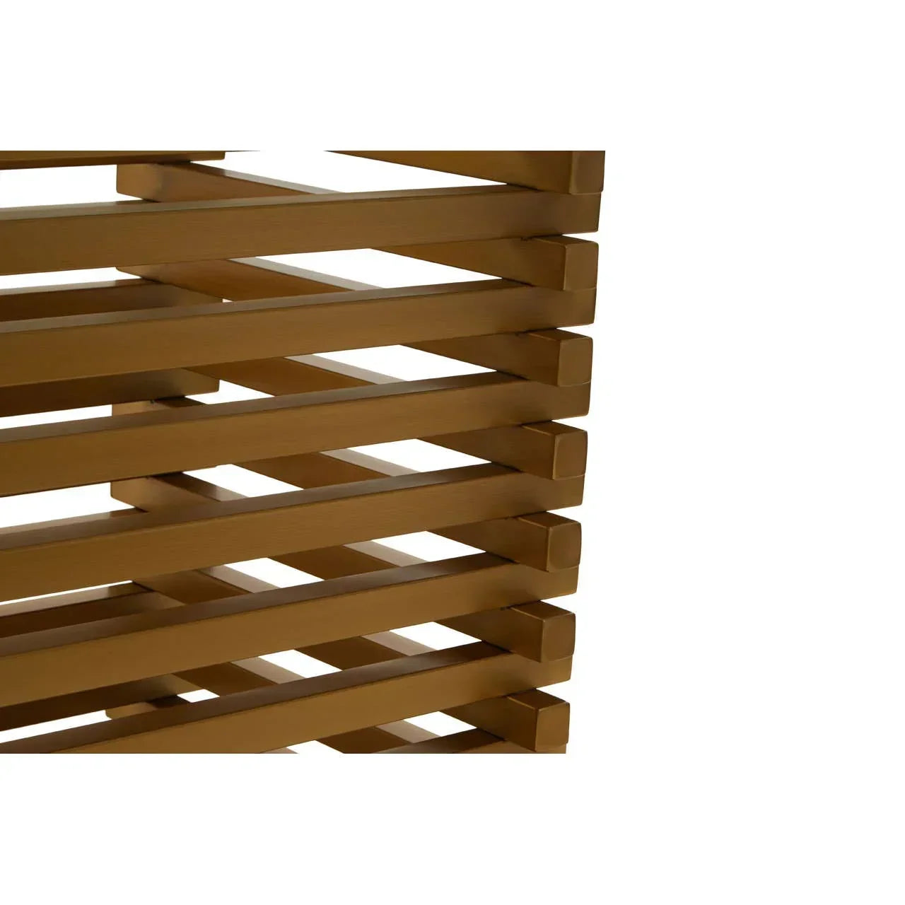 Closeup of wooden furniture frame with horizontal slats and natural oak finish