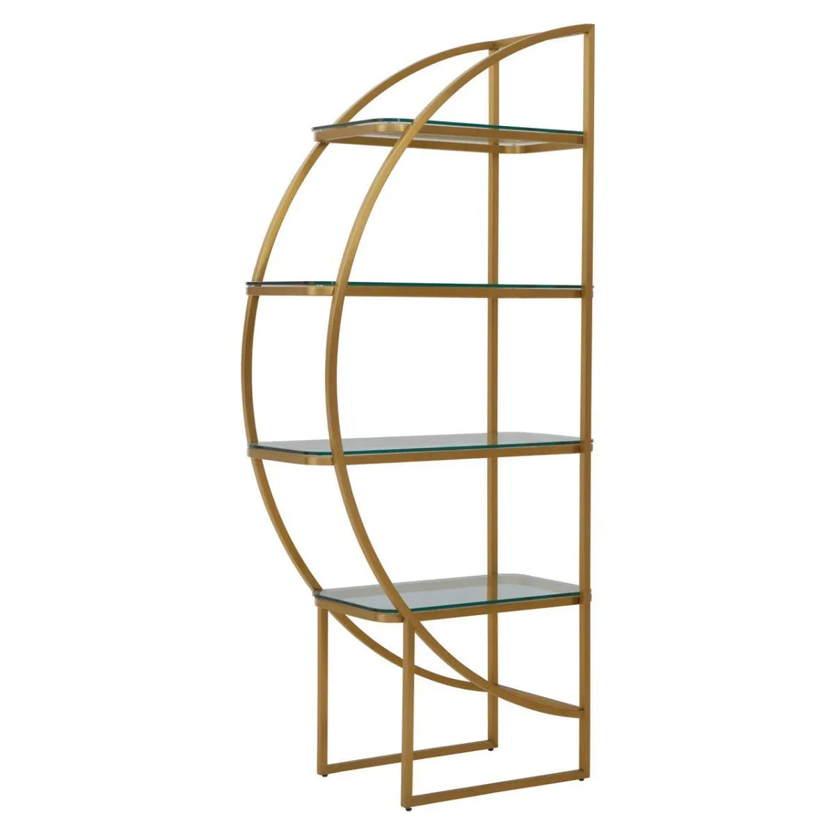 Modern gold metal shelving unit with glass shelves and geometric curved frame