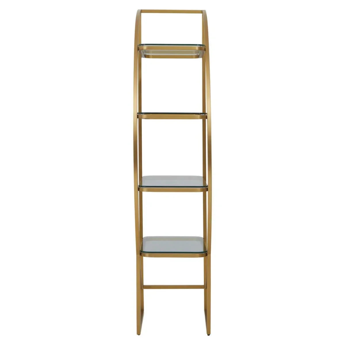 Gold metal shelving unit with four glass shelves, viewed from front