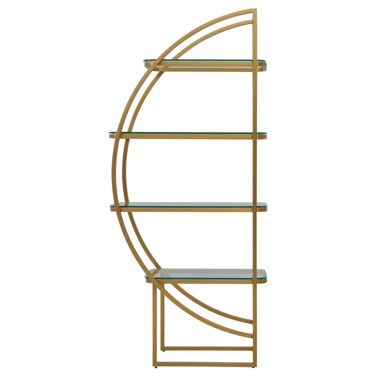 Gold metal and glass shelving unit with semicircle modern design and four shelves