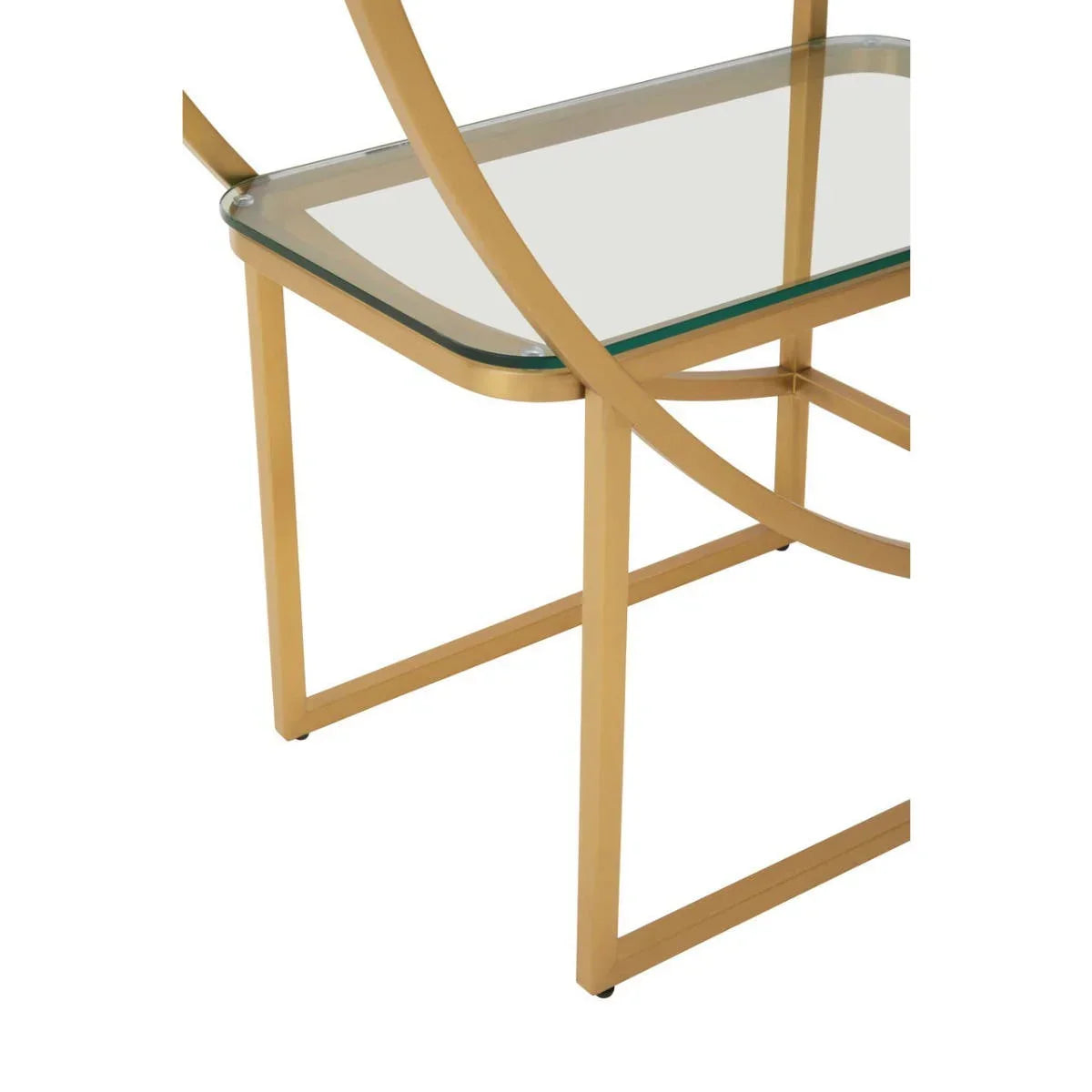 Gold metal frame chair with clear glass seat, featuring curved geometric design
