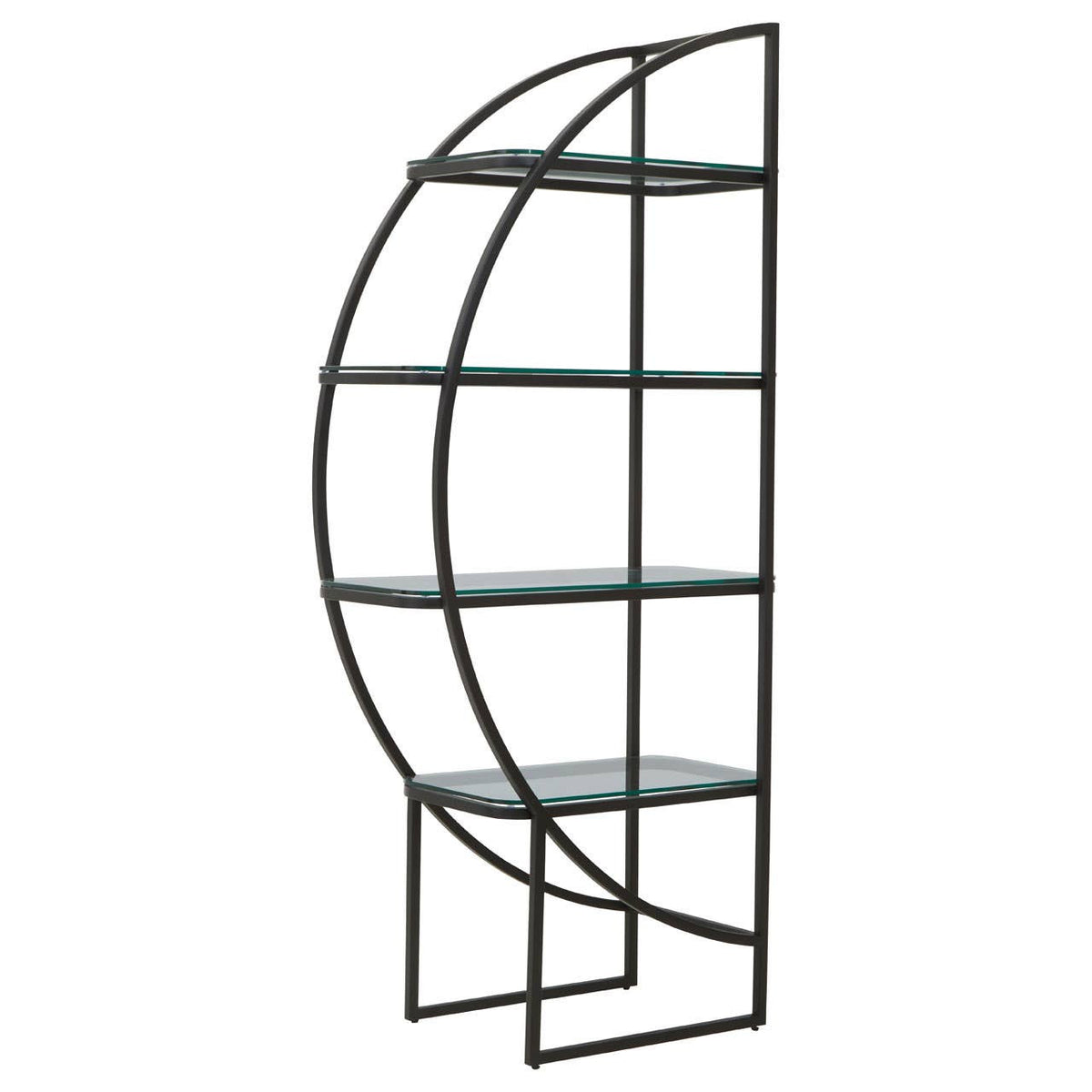 Black half-moon shelf unit featuring a sleek metal frame with four glass shelves, designed to create a modern and stylish storage solution. The unit has a unique curved shape and stands on two sturdy legs