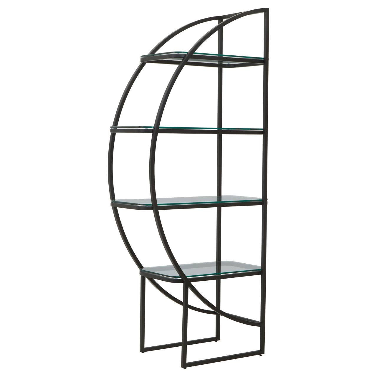Black half-moon shelf unit featuring a sleek metal frame with four glass shelves, designed to create a modern and stylish storage solution. The unit has a unique curved shape and stands on two sturdy legs