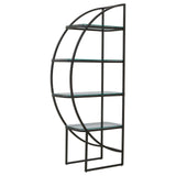 Black half-moon shelf unit featuring a sleek metal frame with four glass shelves, designed to create a modern and stylish storage solution. The unit has a unique curved shape and stands on two sturdy legs