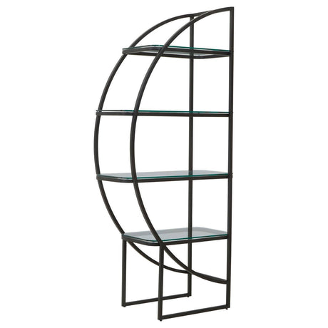 Black half-moon shelf unit featuring a sleek metal frame with four glass shelves, designed to create a modern and stylish storage solution. The unit has a unique curved shape and stands on two sturdy legs