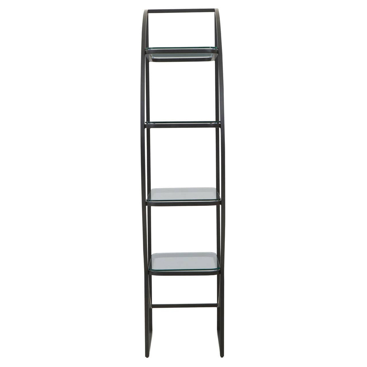 A sleek black shelf unit with a left half-moon design, featuring four open shelves arranged vertically. The frame is slender and minimalist, showcasing a modern aesthetic suitable for home decor