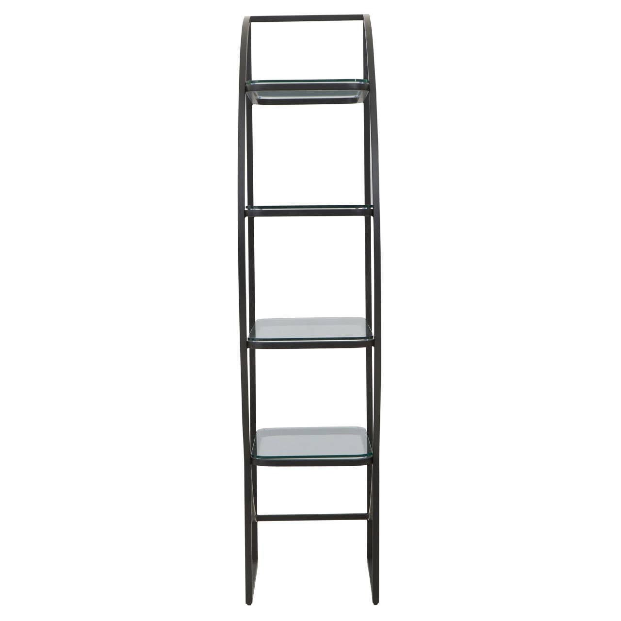 A sleek black shelf unit with a left half-moon design, featuring four open shelves arranged vertically. The frame is slender and minimalist, showcasing a modern aesthetic suitable for home decor