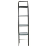 A sleek black shelf unit with a left half-moon design, featuring four open shelves arranged vertically. The frame is slender and minimalist, showcasing a modern aesthetic suitable for home decor