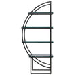 A sleek black shelf unit featuring a half-moon design with four glass shelves supported by a minimalist metal frame. The unit has a modern aesthetic, suitable for displaying decorative items or books