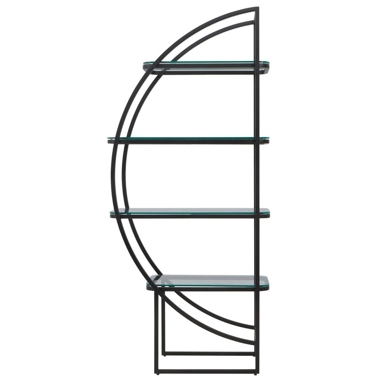A sleek black shelf unit featuring a half-moon design with four glass shelves supported by a minimalist metal frame. The unit has a modern aesthetic, suitable for displaying decorative items or books