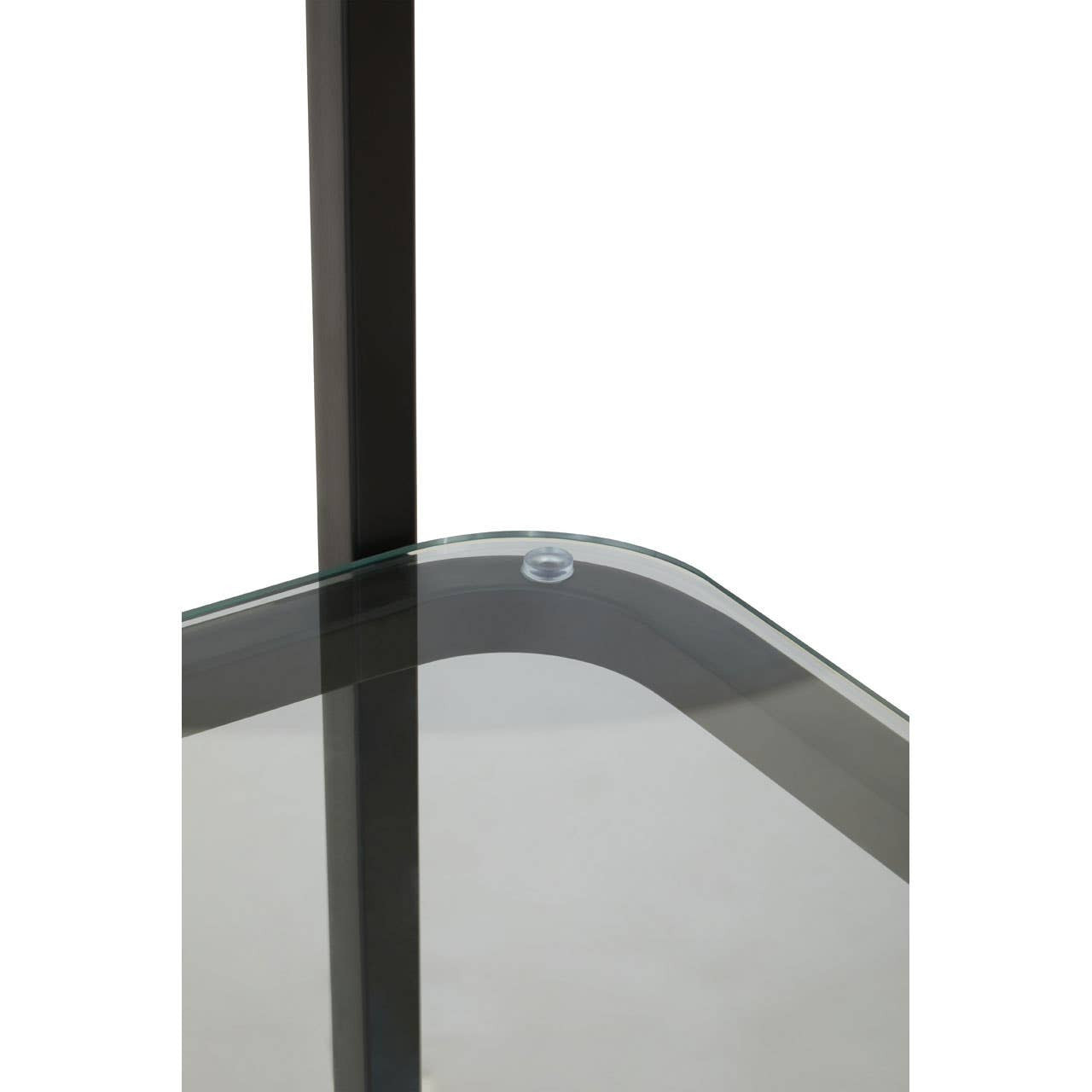 Left half moon shelf unit featuring a sleek black frame and a curved glass shelf. The design includes a vertical support pole and a smooth, rounded edge on the shelf, emphasizing modern aesthetics