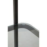 Left half moon shelf unit featuring a sleek black frame and a curved glass shelf. The design includes a vertical support pole and a smooth, rounded edge on the shelf, emphasizing modern aesthetics