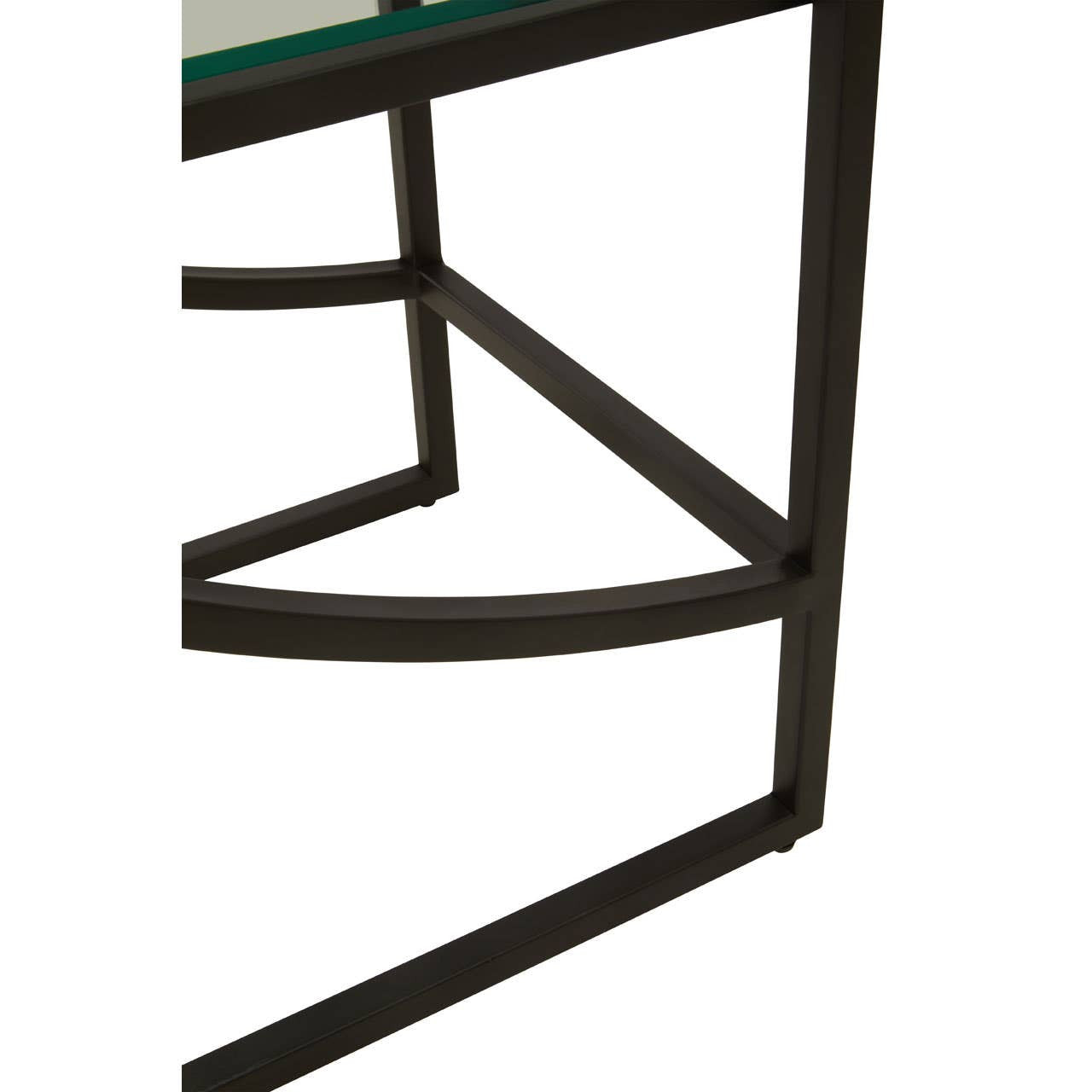 Black metal frame of a half-moon shelf unit with a curved design, featuring a glass top and a sturdy base. The structure includes angular supports and a modern aesthetic suitable for home decor