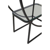 A sleek black shelf unit with a half-moon shape, featuring a minimalist design and a glass top. The unit has a sturdy black metal frame with curved lines and geometric shapes, providing a modern aesthetic suitable for home decor