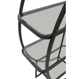 Black half-moon shelf unit with three glass shelves supported by a sleek black metal frame, showcasing a modern and minimalist design