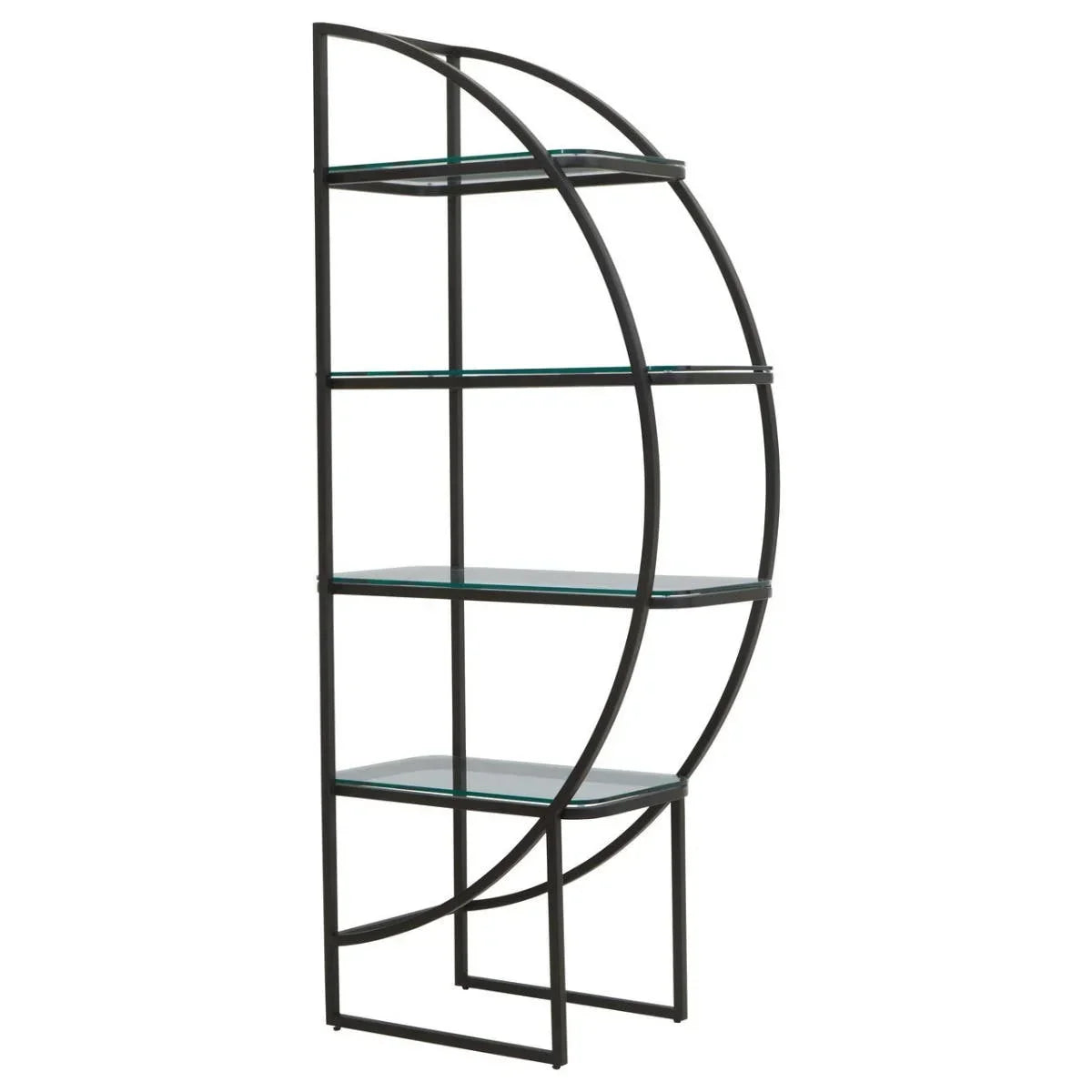 Black metal and glass shelving unit with curved open frame and four rectangular shelves
