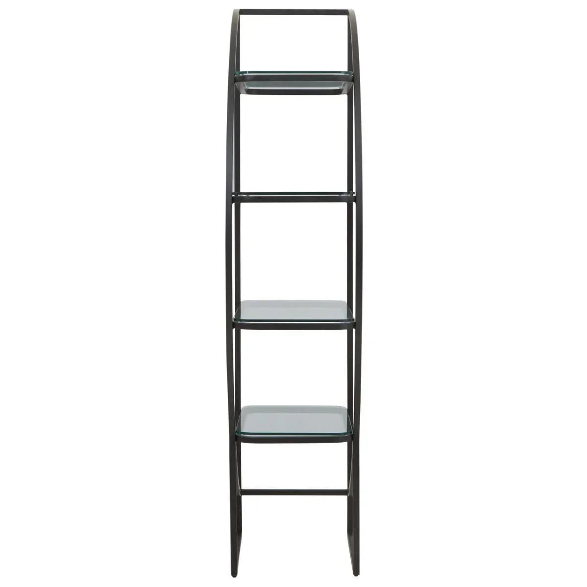 Black metal and glass shelving unit with four tiers, narrow frame, front view