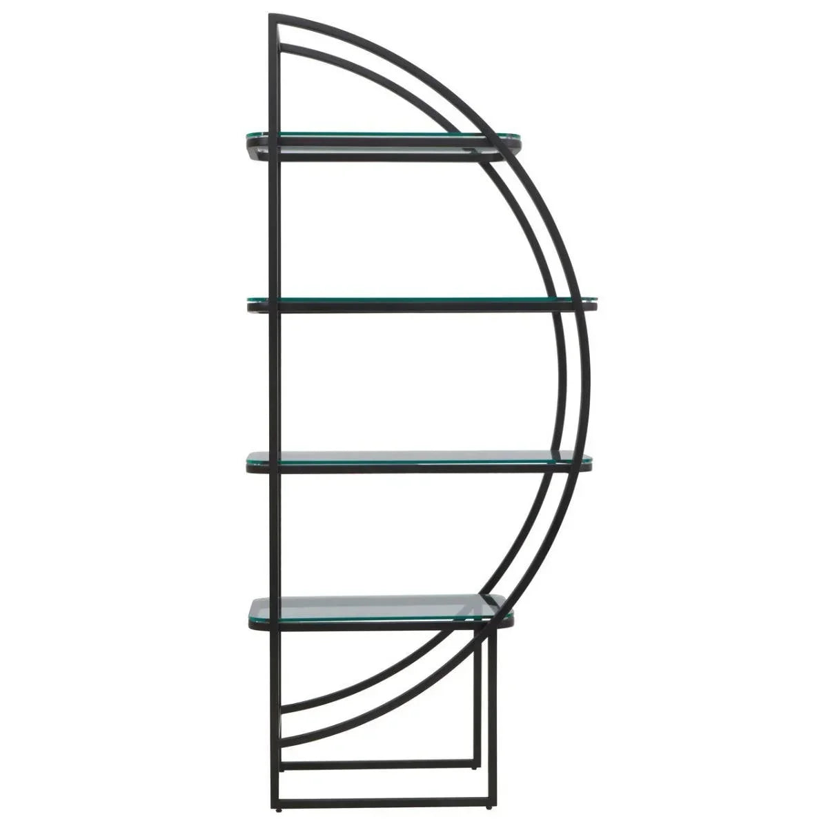 Black metal and glass shelving unit with curved modern design, side profile view