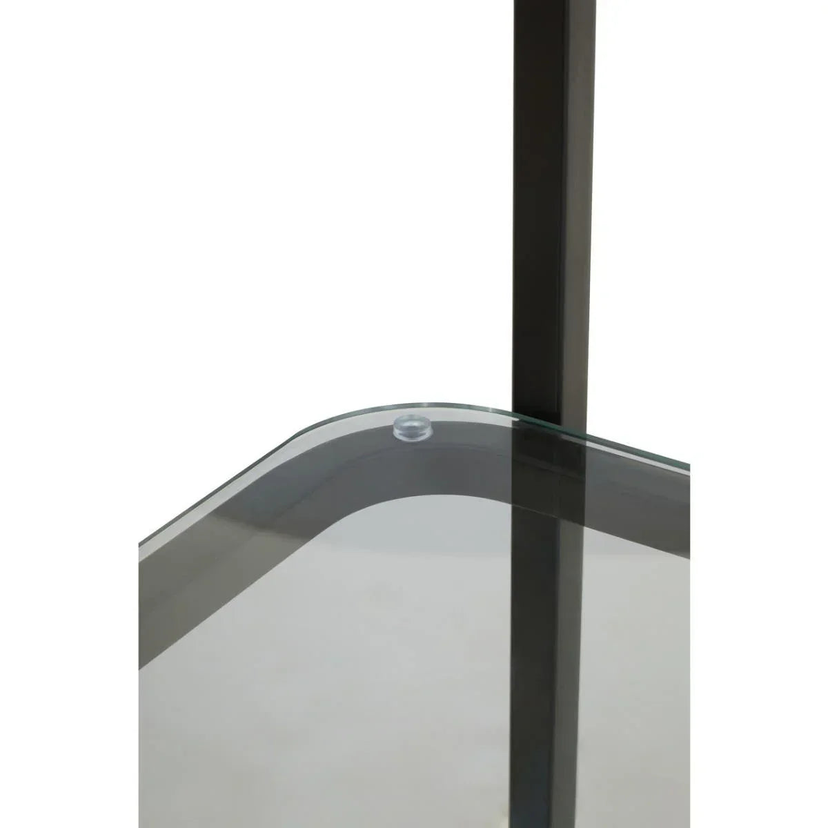 Closeup of glass table top with metal frame corner and protective bumper