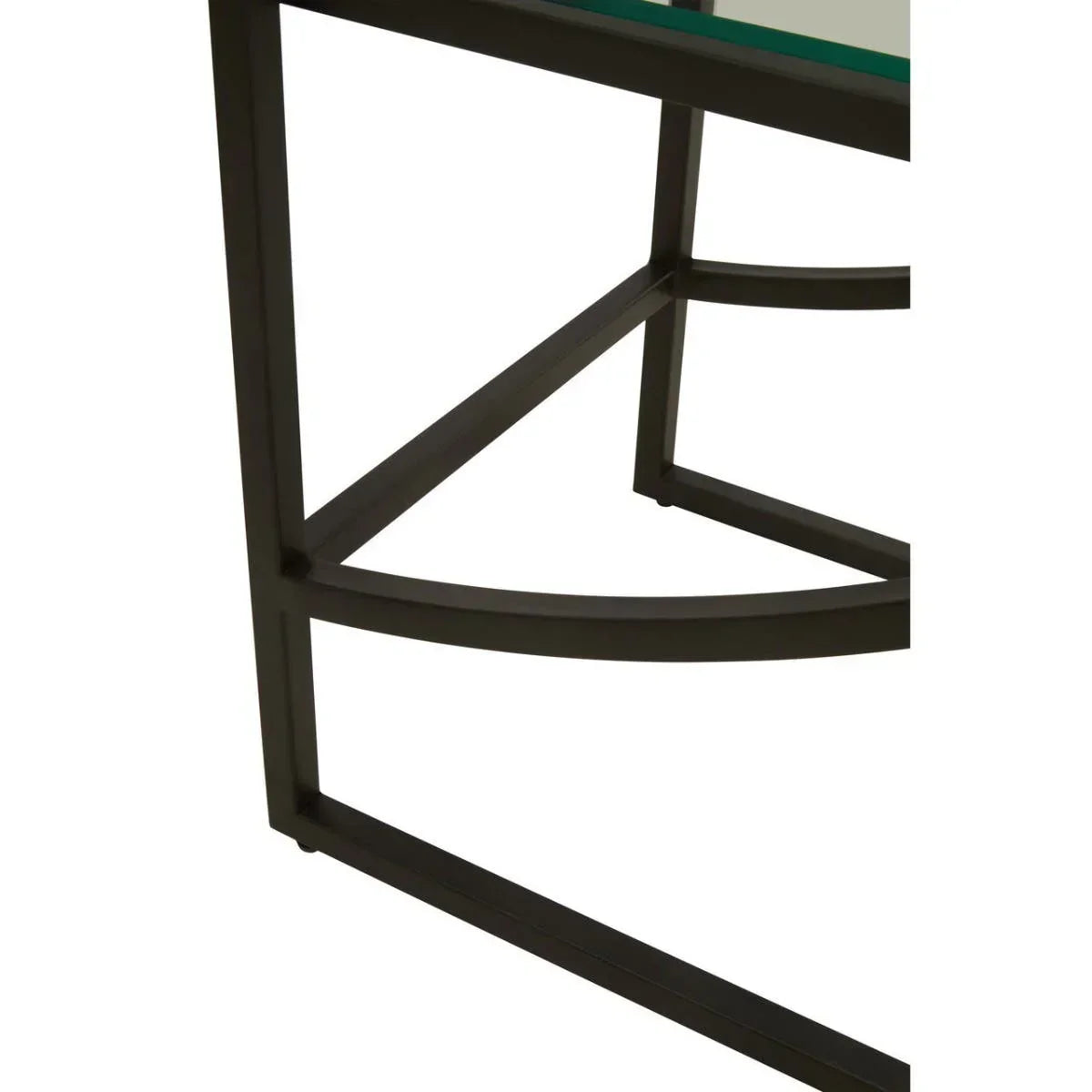 Black metal and glass table corner showing modern frame design