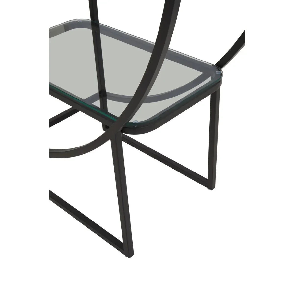 Close-up of modern glass shelf with black metal frame and geometric design