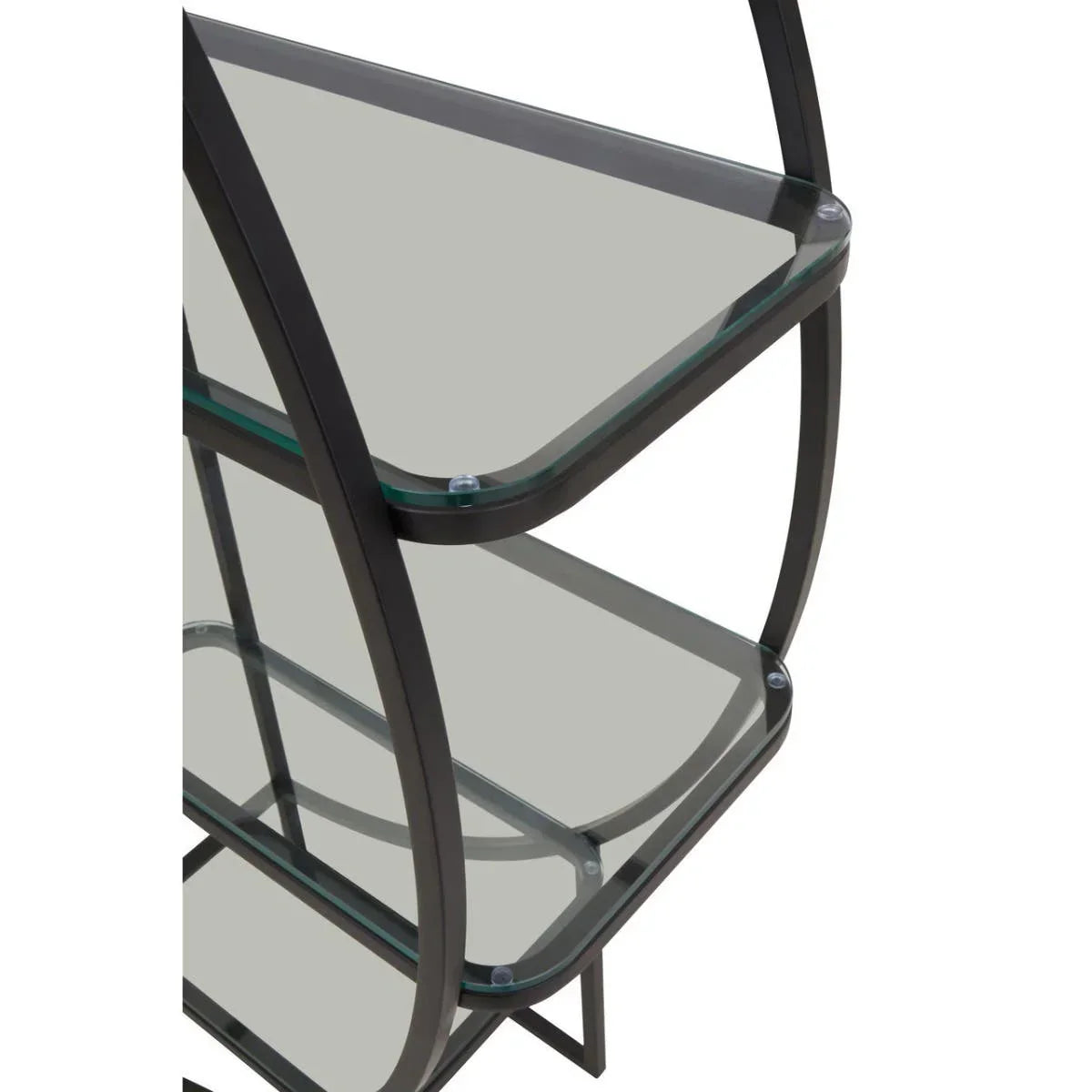 Glass shelving unit with black metal frame, showing side angle and curved supports
