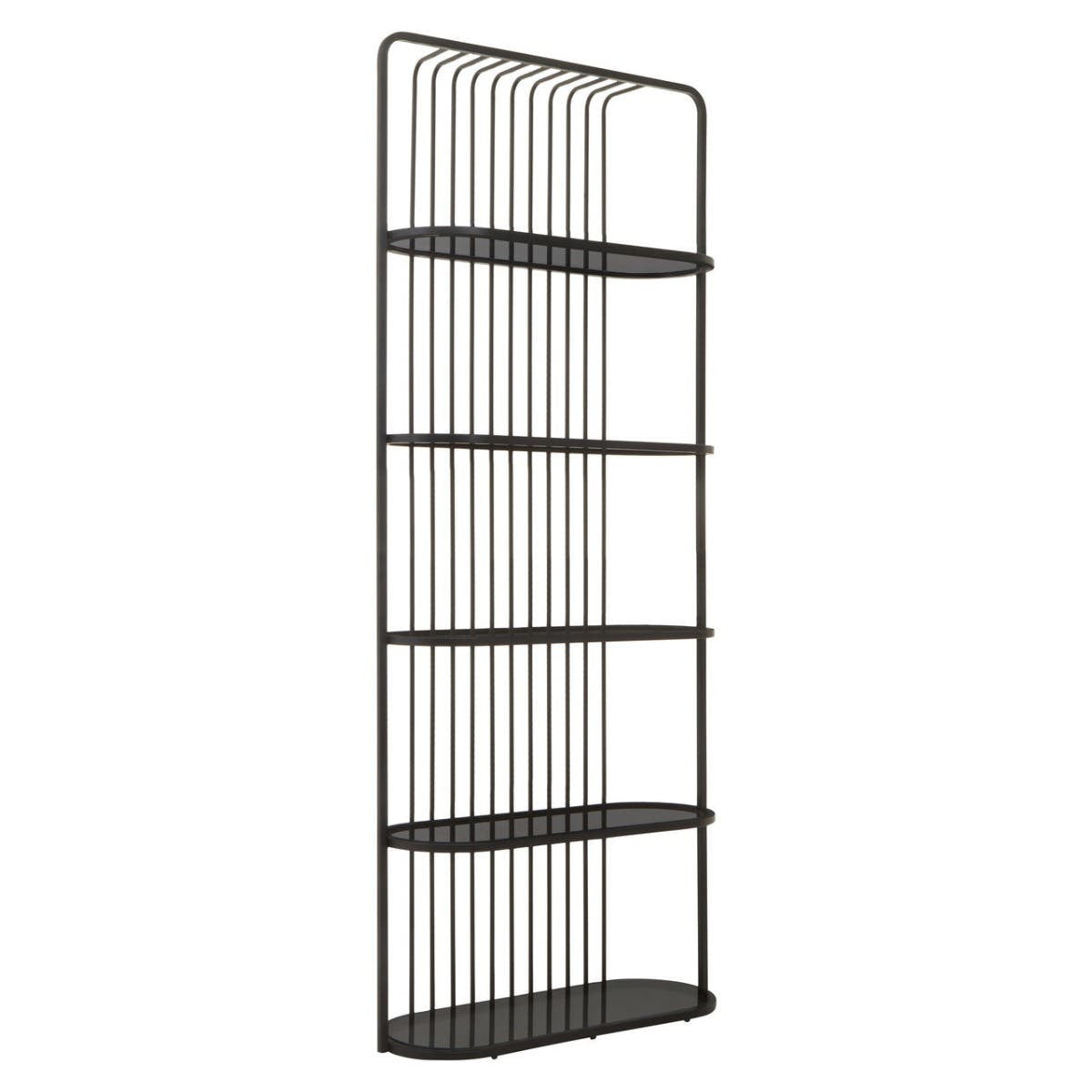 Five-tier black shelf unit with a sleek metal frame and open design, featuring horizontal slats for a modern look. Each shelf is spacious and ideal for displaying books, plants, or decorative items. The unit stands tall and has a minimalist aesthetic suitable for various home decor styles