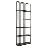 Five-tier black shelf unit with a sleek metal frame and open design, featuring horizontal slats for a modern look. Each shelf is spacious and ideal for displaying books, plants, or decorative items. The unit stands tall and has a minimalist aesthetic suitable for various home decor styles
