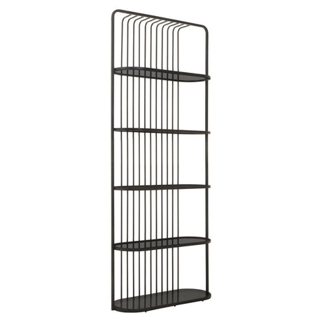 Five-tier black shelf unit with a sleek metal frame and open design, featuring horizontal slats for a modern look. Each shelf is spacious and ideal for displaying books, plants, or decorative items. The unit stands tall and has a minimalist aesthetic suitable for various home decor styles