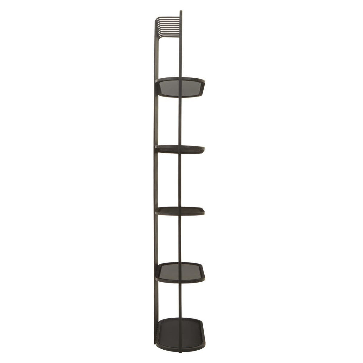 Tall, five-tier shelf unit in a sleek black finish, featuring a modern design with open shelves for displaying items. The unit has a narrow profile, making it suitable for small spaces, and includes a sturdy base for stability