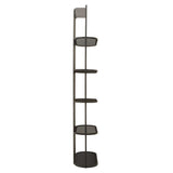Tall, five-tier shelf unit in a sleek black finish, featuring a modern design with open shelves for displaying items. The unit has a narrow profile, making it suitable for small spaces, and includes a sturdy base for stability