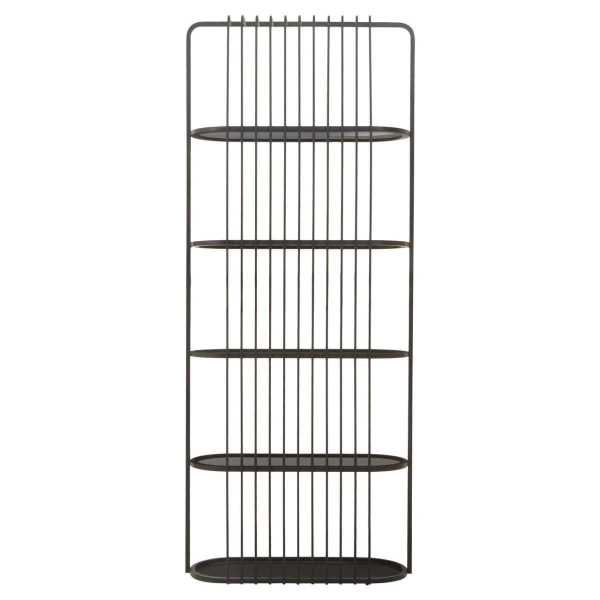 A tall, five-tier shelf unit with a sleek black metal frame and open vertical slats, featuring five evenly spaced shelves that provide ample storage space for books, decor, or other items. The design is modern and minimalist, suitable for various home decor styles
