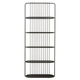 A tall, five-tier shelf unit with a sleek black metal frame and open vertical slats, featuring five evenly spaced shelves that provide ample storage space for books, decor, or other items. The design is modern and minimalist, suitable for various home decor styles