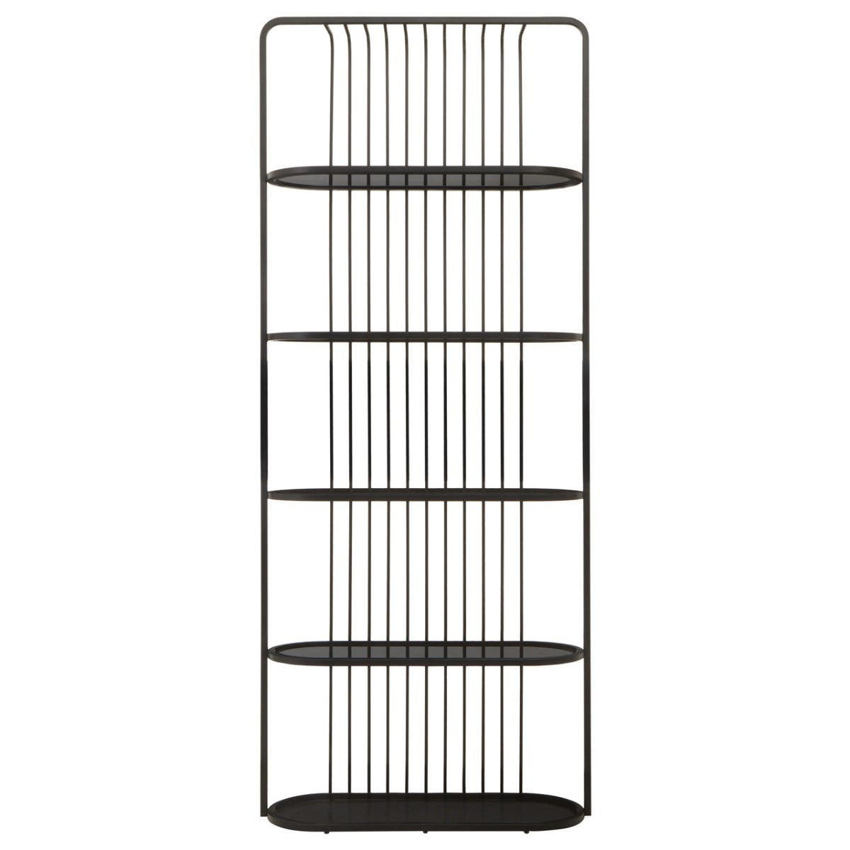 A sleek black five-tier shelf unit featuring a minimalist design with open wire shelving and a sturdy frame, ideal for displaying books, plants, or decorative items
