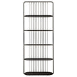 A sleek black five-tier shelf unit featuring a minimalist design with open wire shelving and a sturdy frame, ideal for displaying books, plants, or decorative items