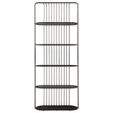 A sleek black five-tier shelf unit featuring a minimalist design with open wire shelving and a sturdy frame, ideal for displaying books, plants, or decorative items