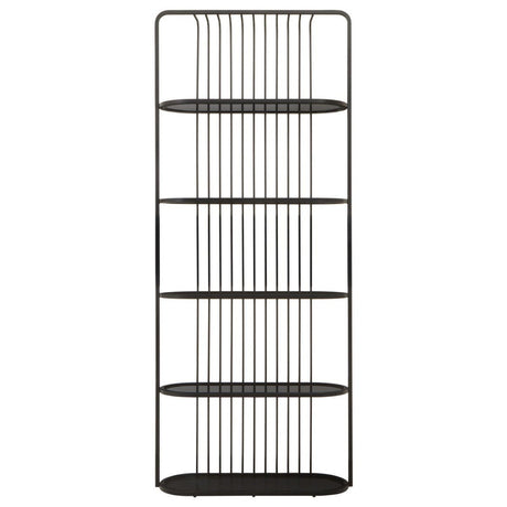A sleek black five-tier shelf unit featuring a minimalist design with open wire shelving and a sturdy frame, ideal for displaying books, plants, or decorative items