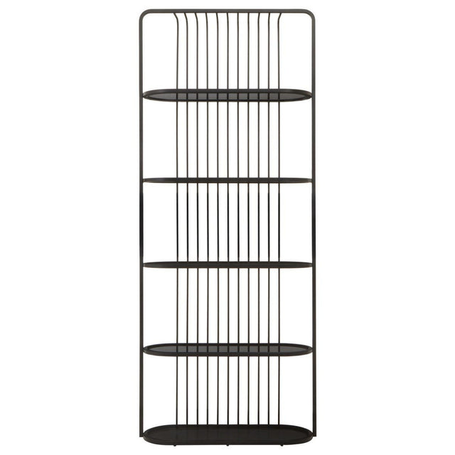 A sleek black five-tier shelf unit featuring a minimalist design with open wire shelving and a sturdy frame, ideal for displaying books, plants, or decorative items