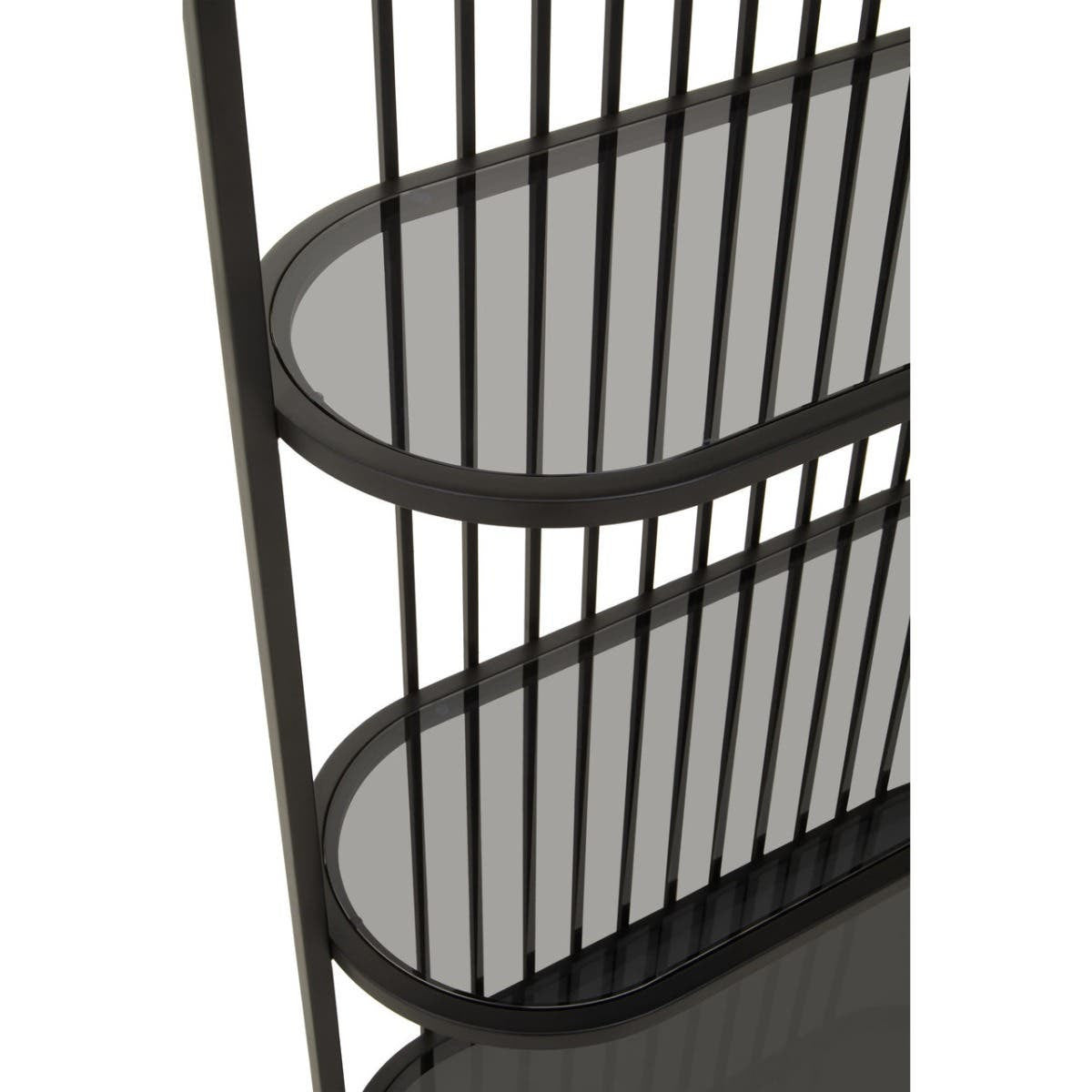 Five-tier black shelf unit featuring a sleek design with curved edges and vertical slats. The shelves are oval-shaped and provide ample space for displaying items. The overall finish is matte black, giving it a modern and stylish appearance
