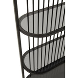 Five-tier black shelf unit featuring a sleek design with curved edges and vertical slats. The shelves are oval-shaped and provide ample space for displaying items. The overall finish is matte black, giving it a modern and stylish appearance