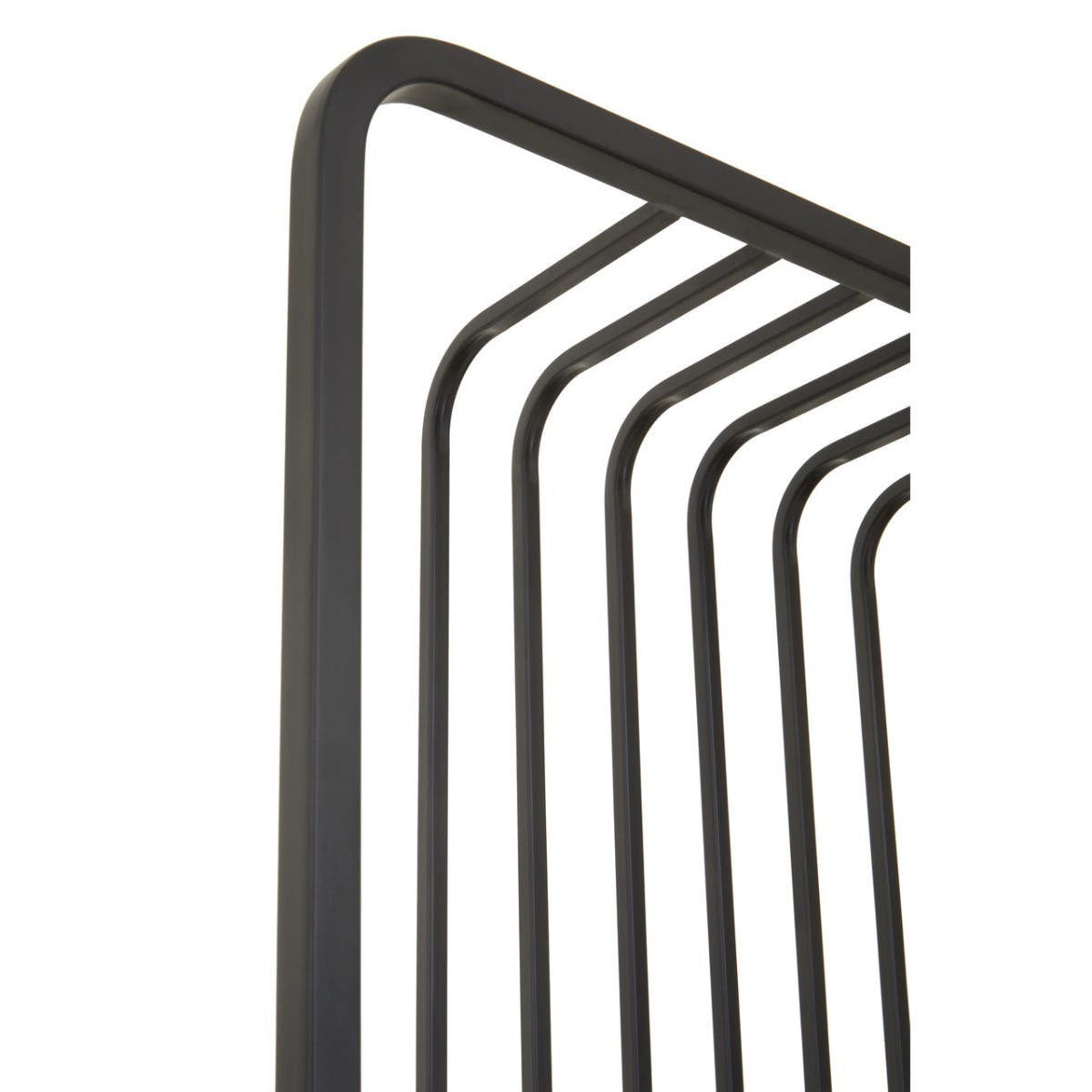Close-up view of the Vogue Five Tier Black Shelf Unit, showcasing the sleek black metal frame with five horizontal shelves. The design features clean lines and a modern aesthetic, emphasizing the minimalist style of the unit
