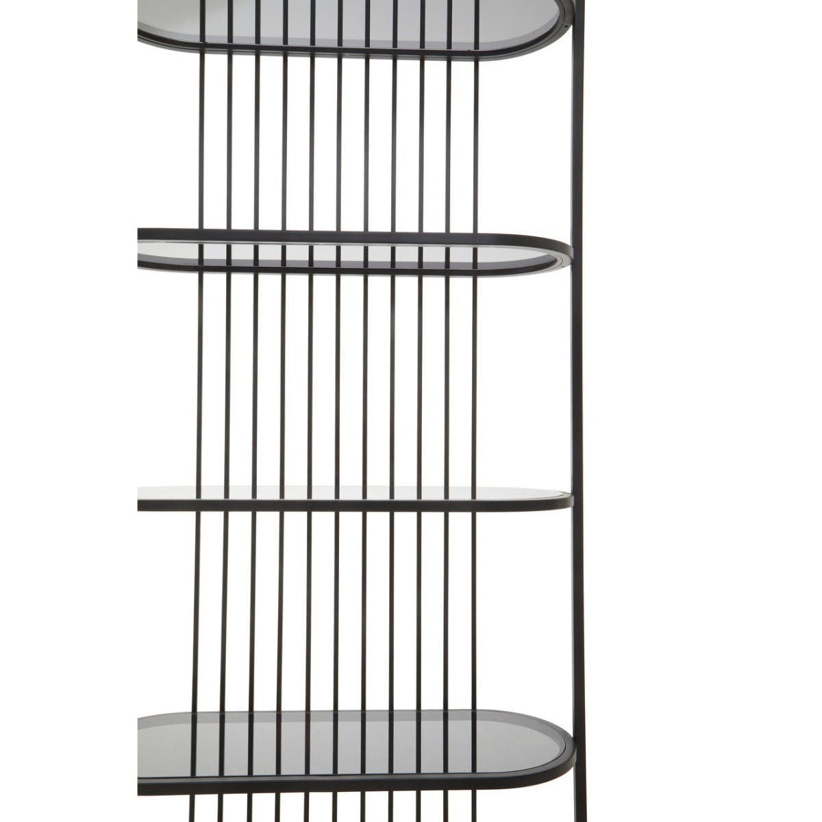 Five-tier black shelf unit with a sleek, modern design featuring horizontal shelves supported by vertical rods, creating an open and airy look suitable for displaying books or decorative items
