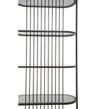 Five-tier black shelf unit with a sleek, modern design featuring horizontal shelves supported by vertical rods, creating an open and airy look suitable for displaying books or decorative items