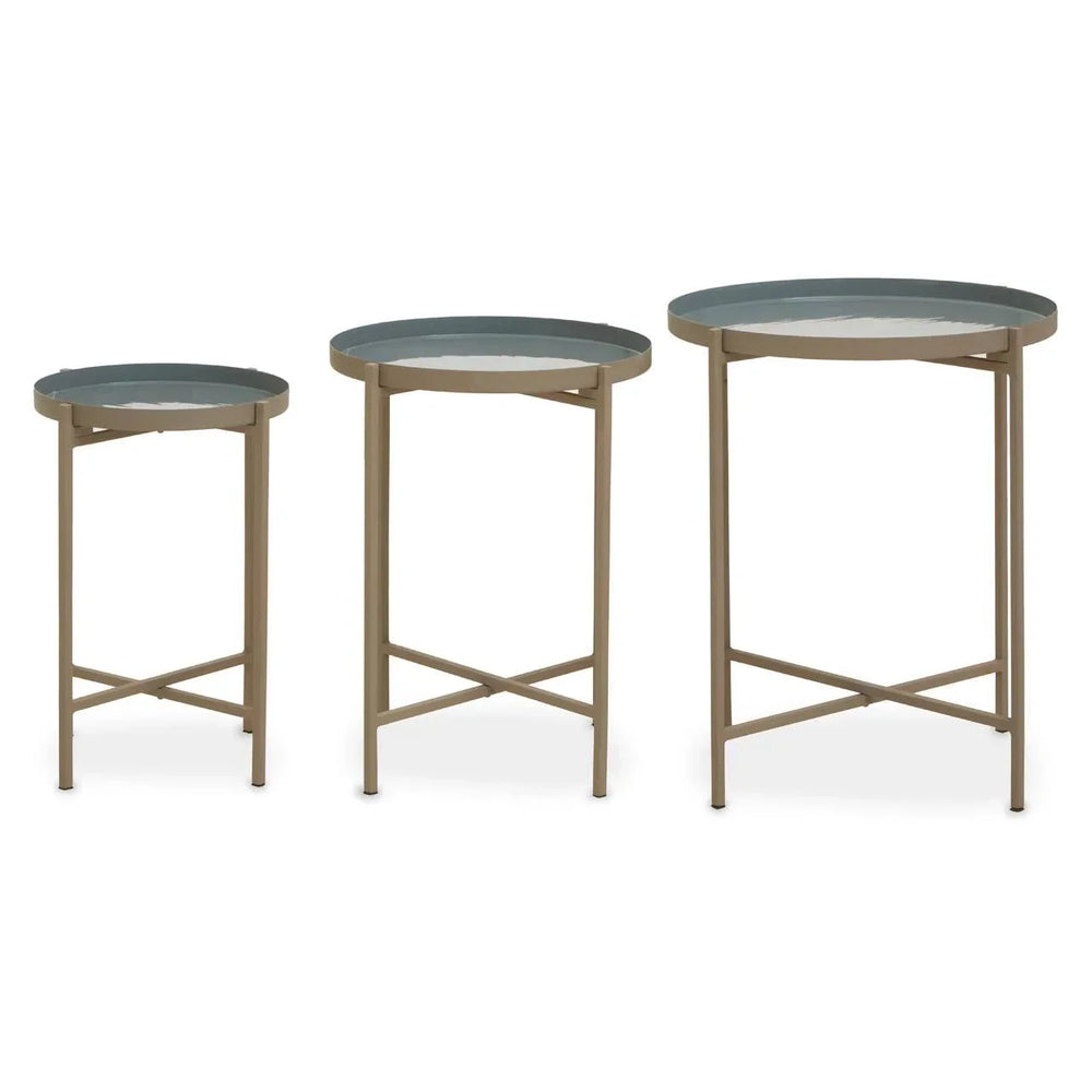 Set of three round metal nesting tables with beige frames and grey tray tops