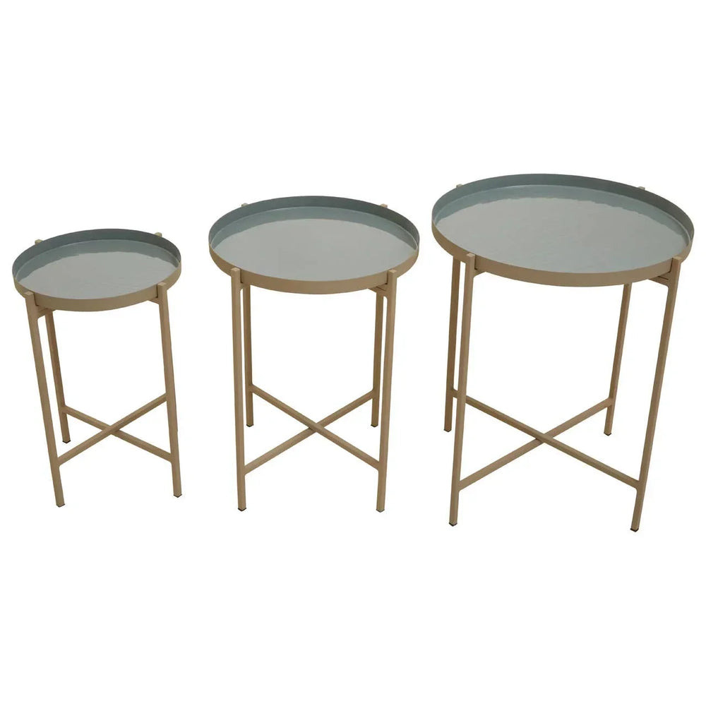 Set of three round metal nesting side tables with beige frames and light blue tops