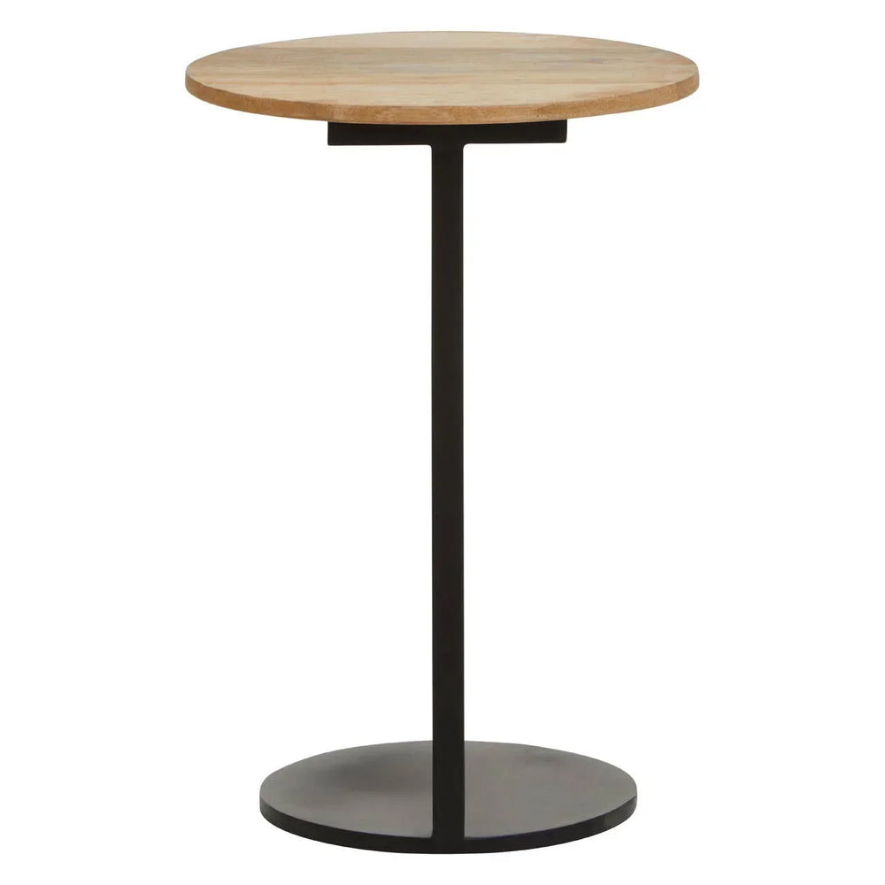 Round wood and metal side table with black base and natural top, front view