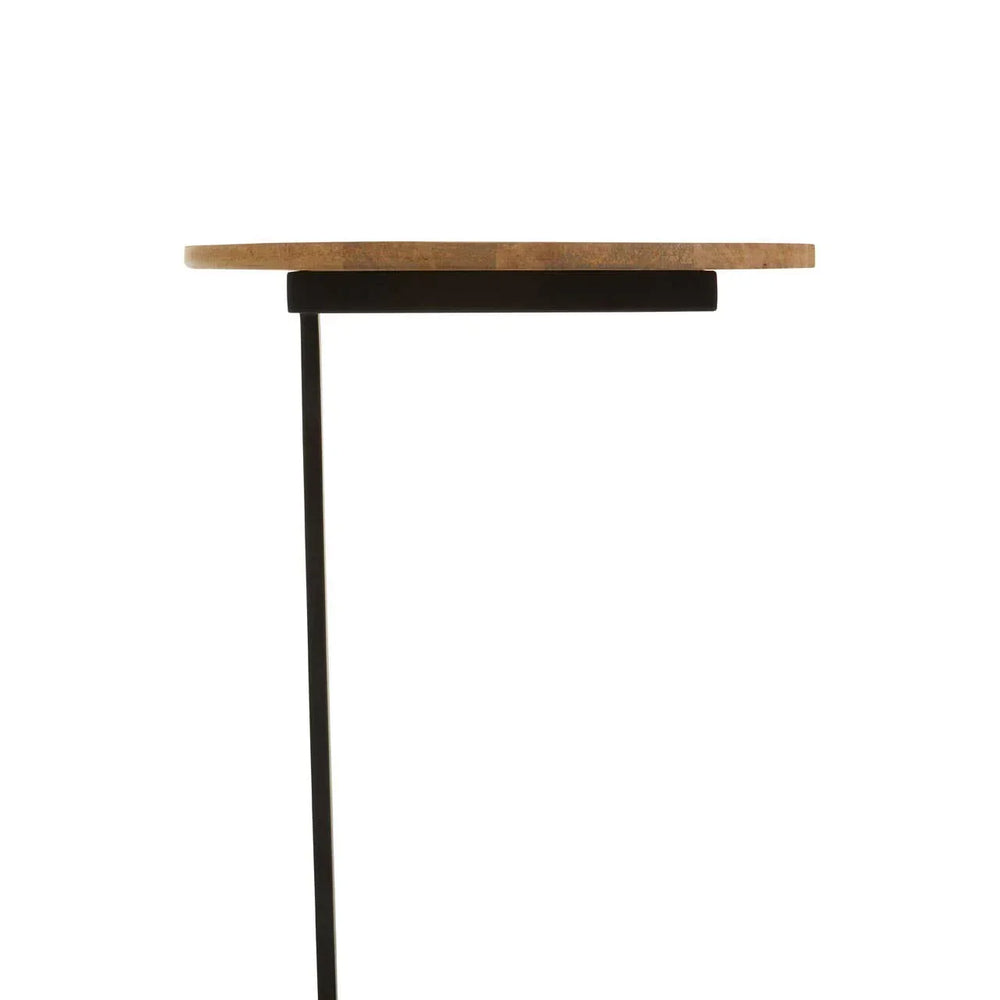 Side view of modern wooden side table with slim black metal frame