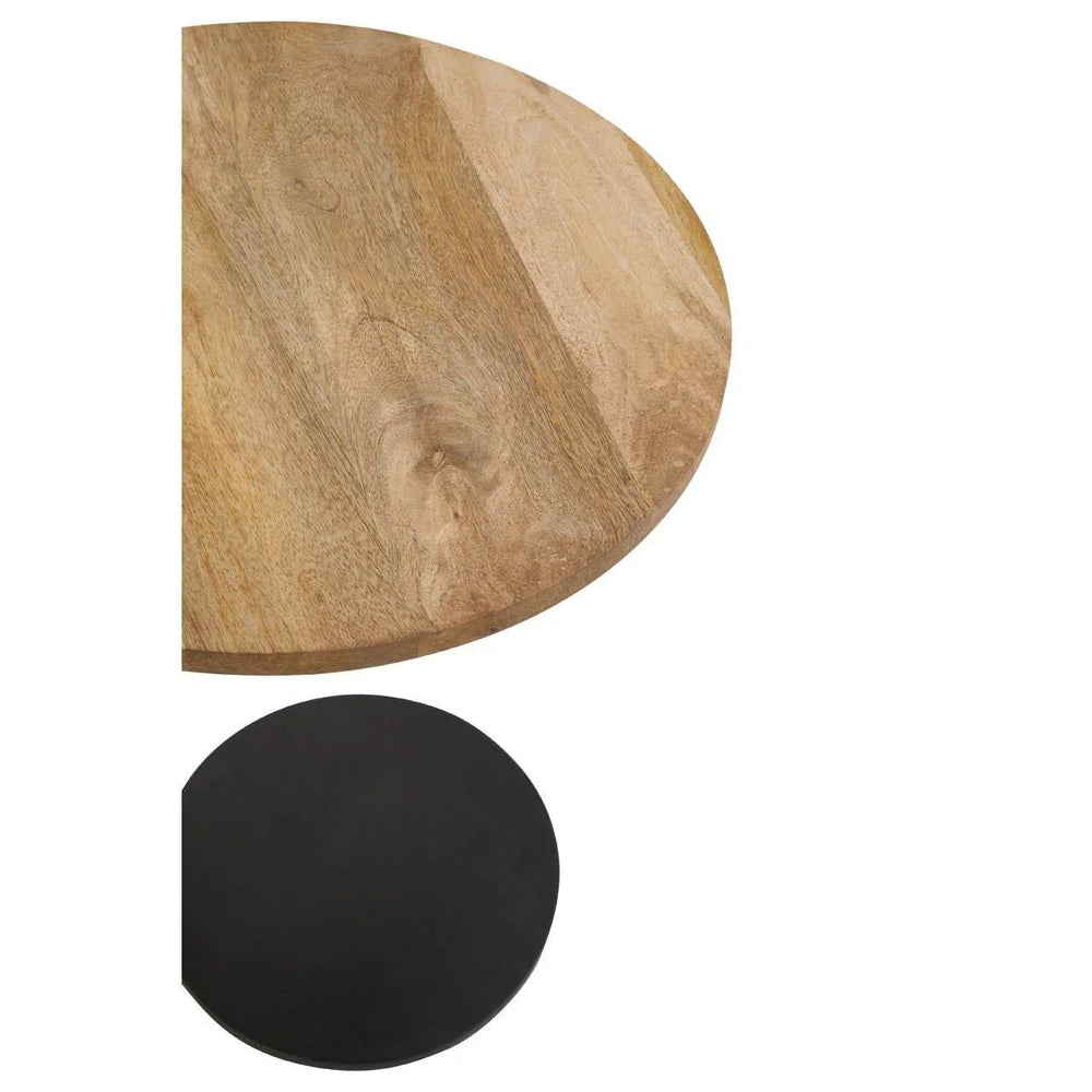 Round nest of tables set with wood and black table tops, top view